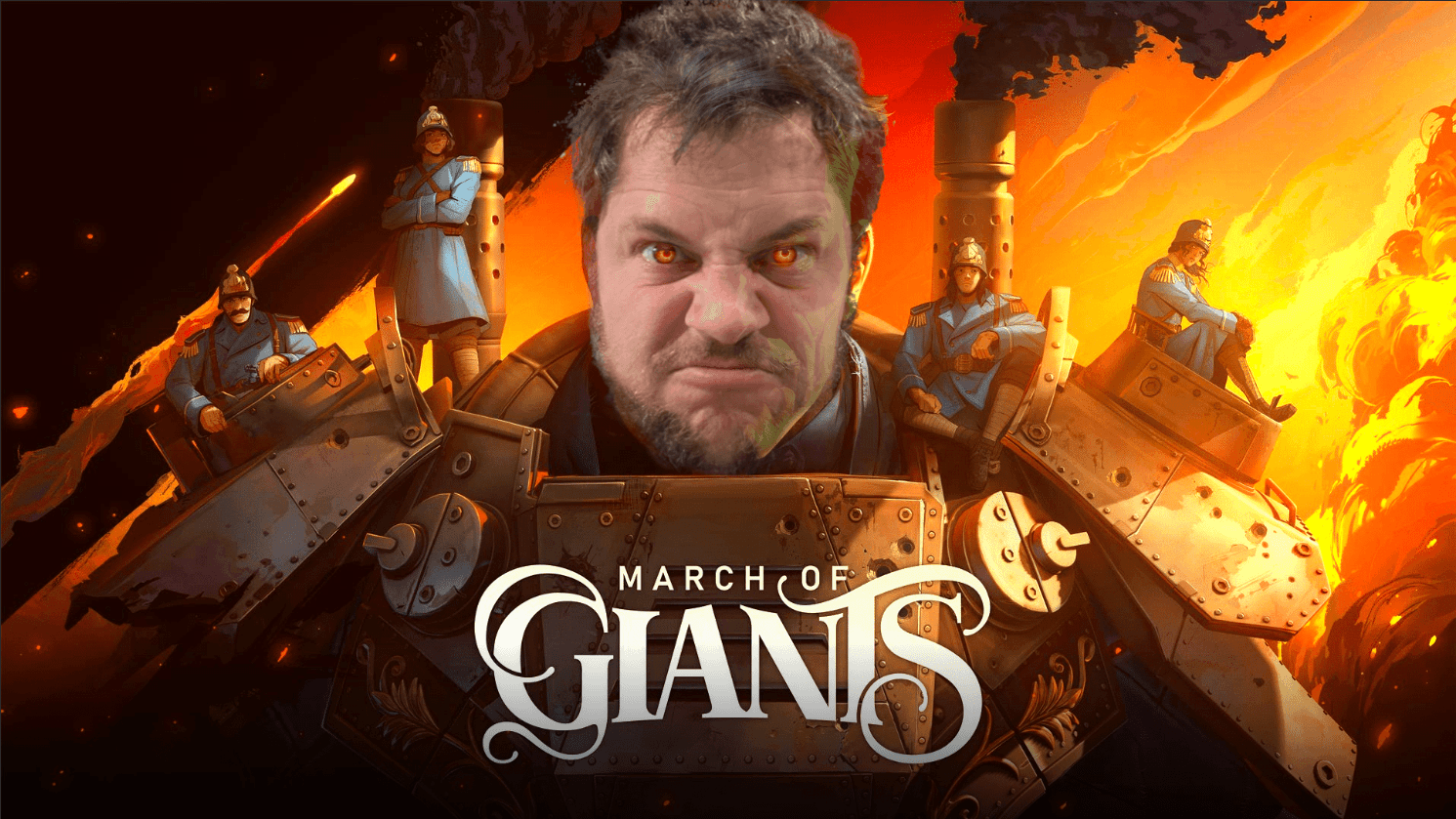 'March of Giants' MOBA key art: a scowling bearded man's face flanked by armored mech warriors over fiery orange